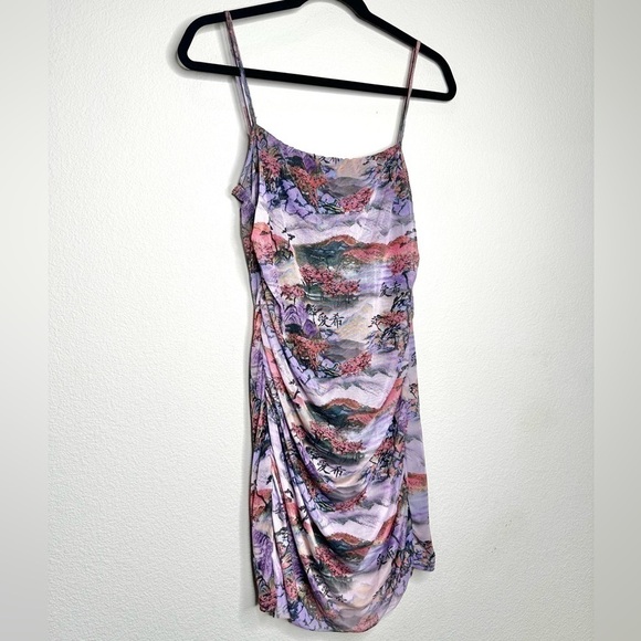 Prettylittlething Lilac Mixed Print Mesh Ruched Strappy Bodycon Dress size 10 - Picture 4 of 11